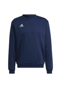 Sweat-shirt à col rond Adidas bleu marine avec manches longues, poignets côtelés et logo sur le côté gauche de la poitrine sur fond blanc.