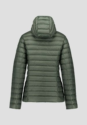 Lichtgewicht groene gewatteerde jas met capuchon, voorzien van een doorgestikt ontwerp met horizontale stiksels, een gladde textuur en lange mouwen.