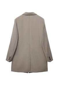 Beiger Wollmantel mit strukturierter Form, Reverskragen und langen Ärmeln. Mit je drei schwarzen Knöpfen an jeder Manschette und Rückenschlitz-Detail.