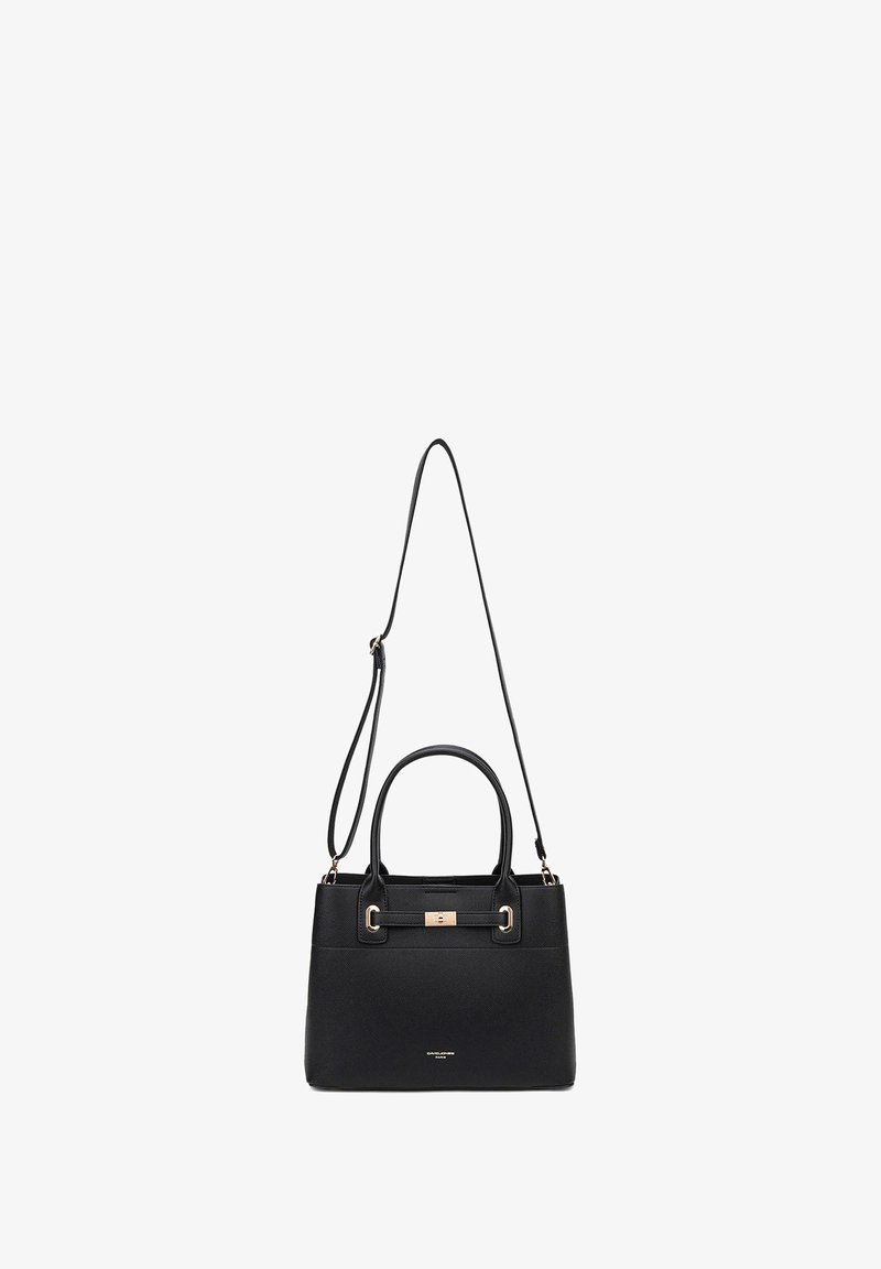 Borsa a mano in pelle nera con una forma strutturata, doppio manico superiore e tracolla rimovibile. Presenta dettagli in metallo dorato e una finitura testurizzata.