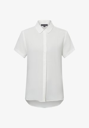 Short-sleeve white blouse made from lightweight fabric, featuring a button-up front, a classic collar, and a curved hemline.