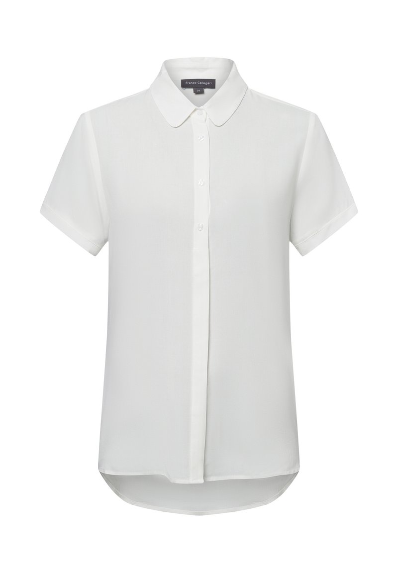 Kurzärmlige weiße Bluse aus leichtem Stoff, mit einer durchgehenden Knopfleiste, klassischem Kragen und gebogenem Saum.