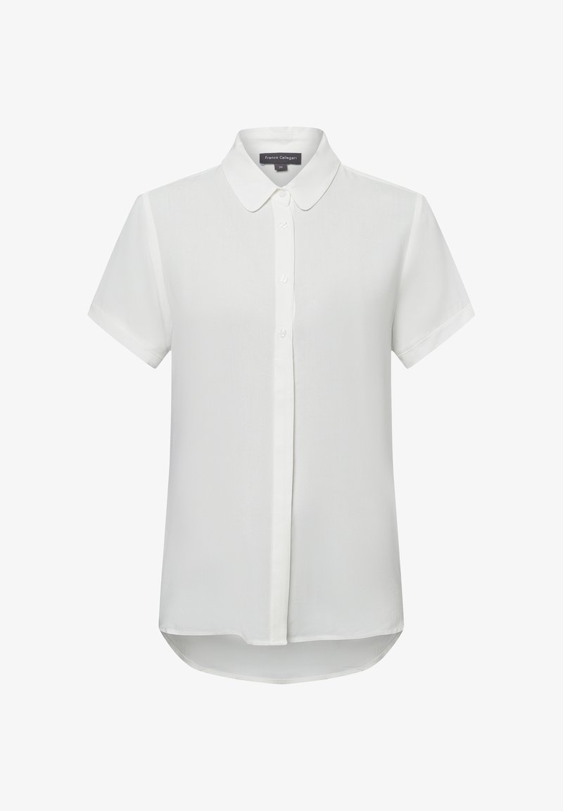 Short-sleeve white blouse made from lightweight fabric, featuring a button-up front, a classic collar, and a curved hemline.