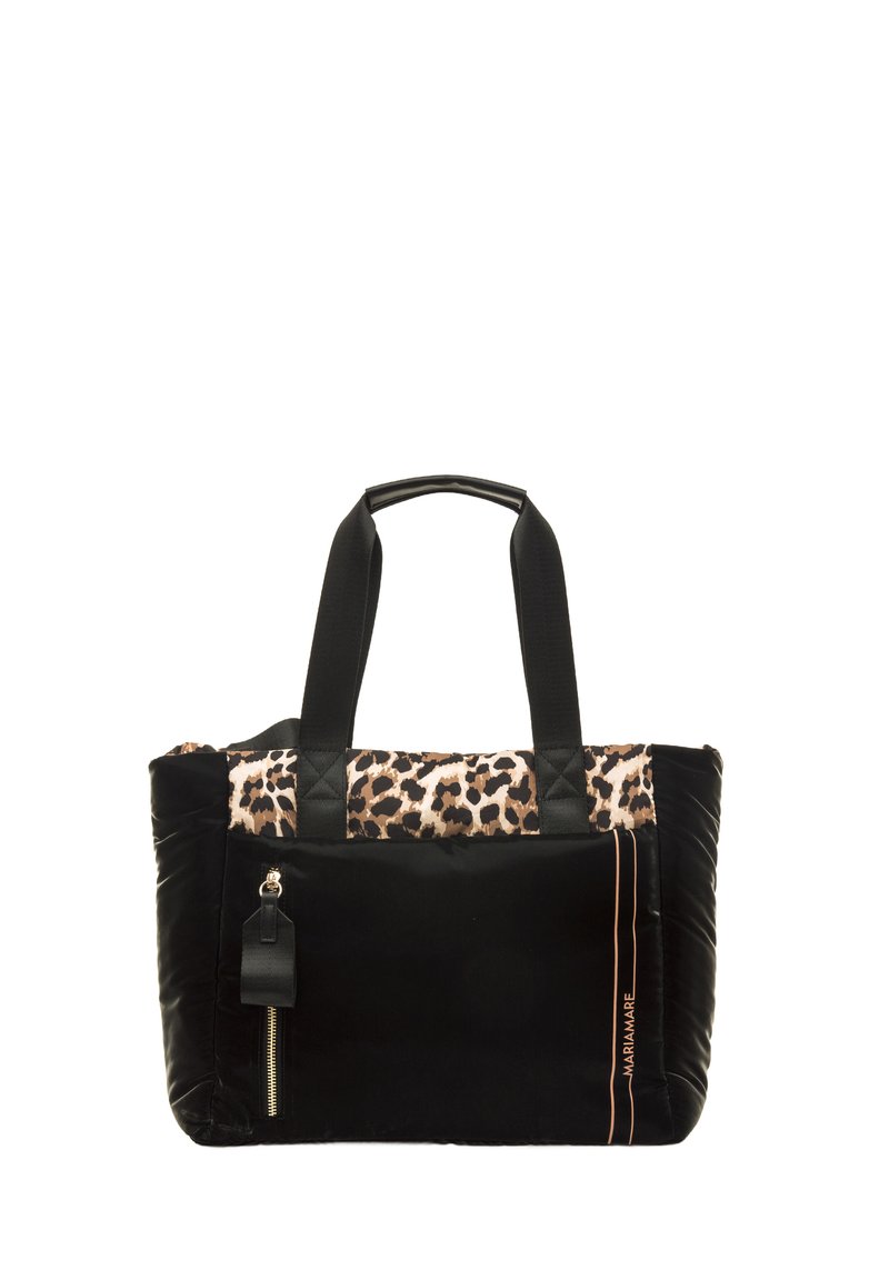 Borsa tote nera in velluto con inserti in stampa leopardata sulla parte superiore, dotata di due manici robusti e una tasca con zip sul lato.