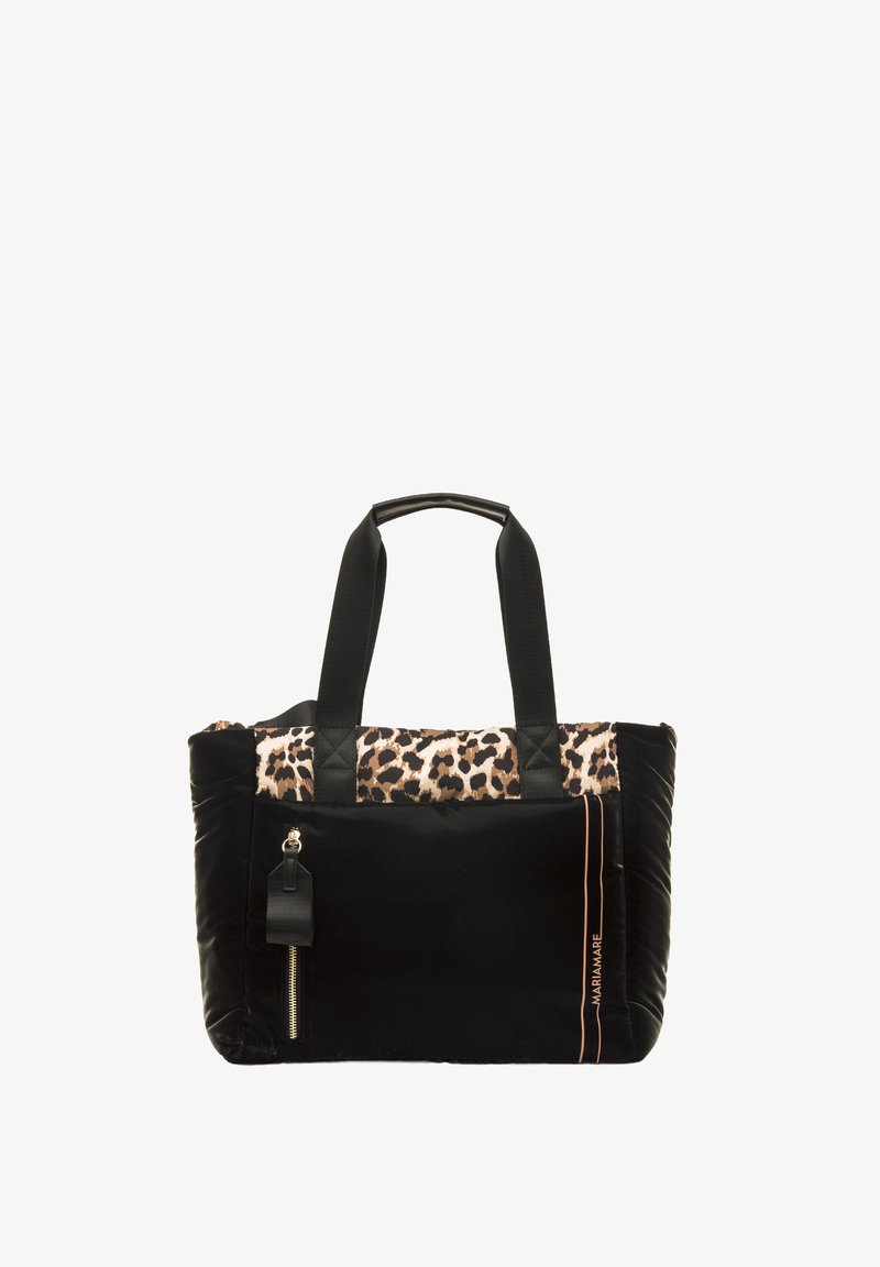 Borsa tote nera in velluto con inserti in stampa leopardata sulla parte superiore, dotata di due manici robusti e una tasca con zip sul lato.