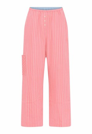 Roze gestreepte broek met een losse pasvorm, voorzien van verticale witte strepen, een elastische tailleband en een zijzak op het linkerbeen.