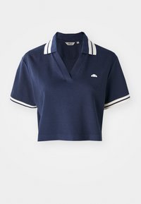 Navy blue cropped polo shirt with a V-neck, white striped collar, and short sleeves, featuring a small logo on the left chest.
