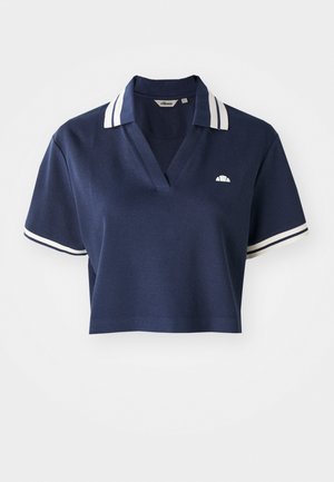 Navy blue cropped polo shirt with a V-neck, white striped collar, and short sleeves, featuring a small logo on the left chest.