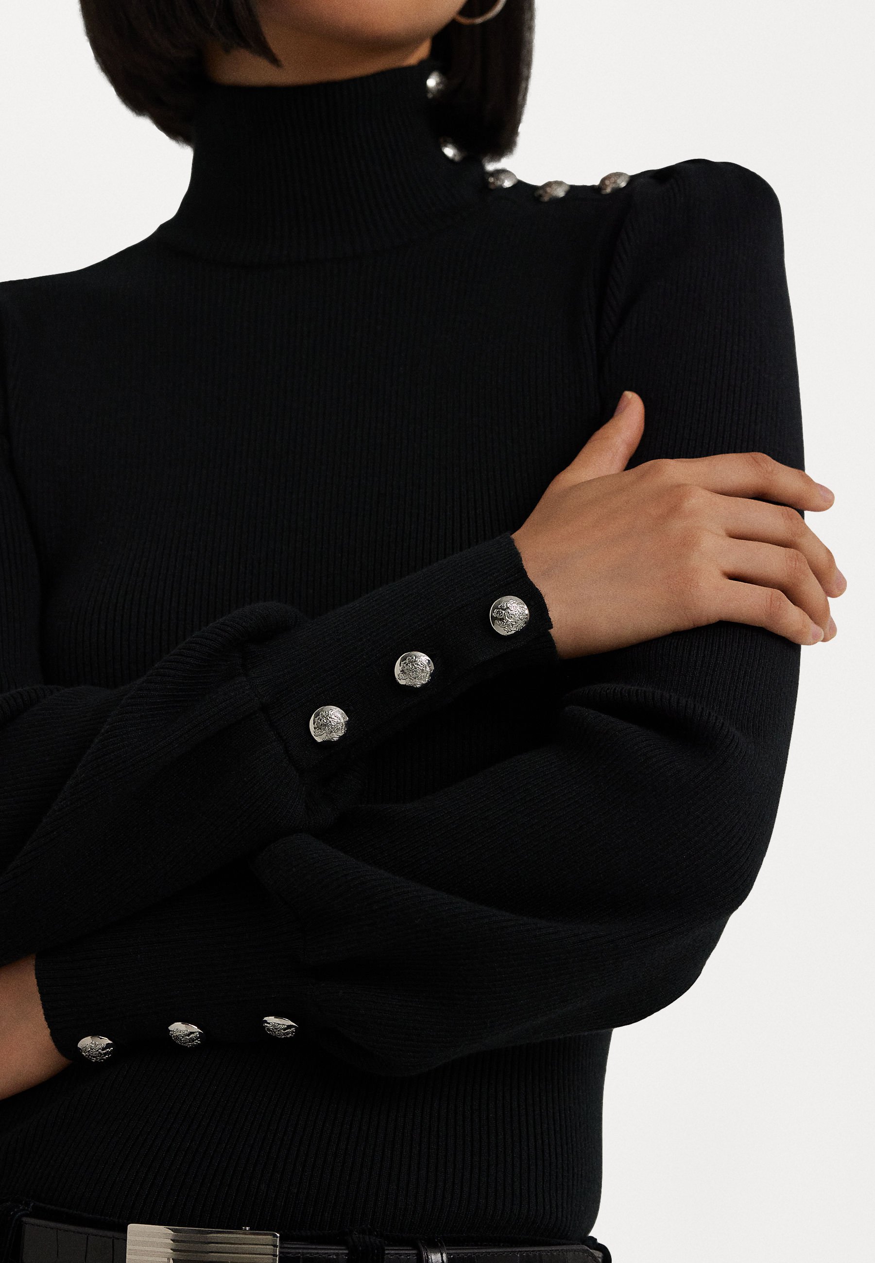 売れ筋商品|||ラルフローレン ニット&セーター レディース アウター BUTTON TRIM MOCKNECK JUMPER - Jumper - black Lauren Ralph Lauren Women's Button-Trim Mockneck Sweater