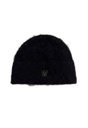 Bonnet en maille noire duveteuse avec un petit logo argenté élégant au centre devant.