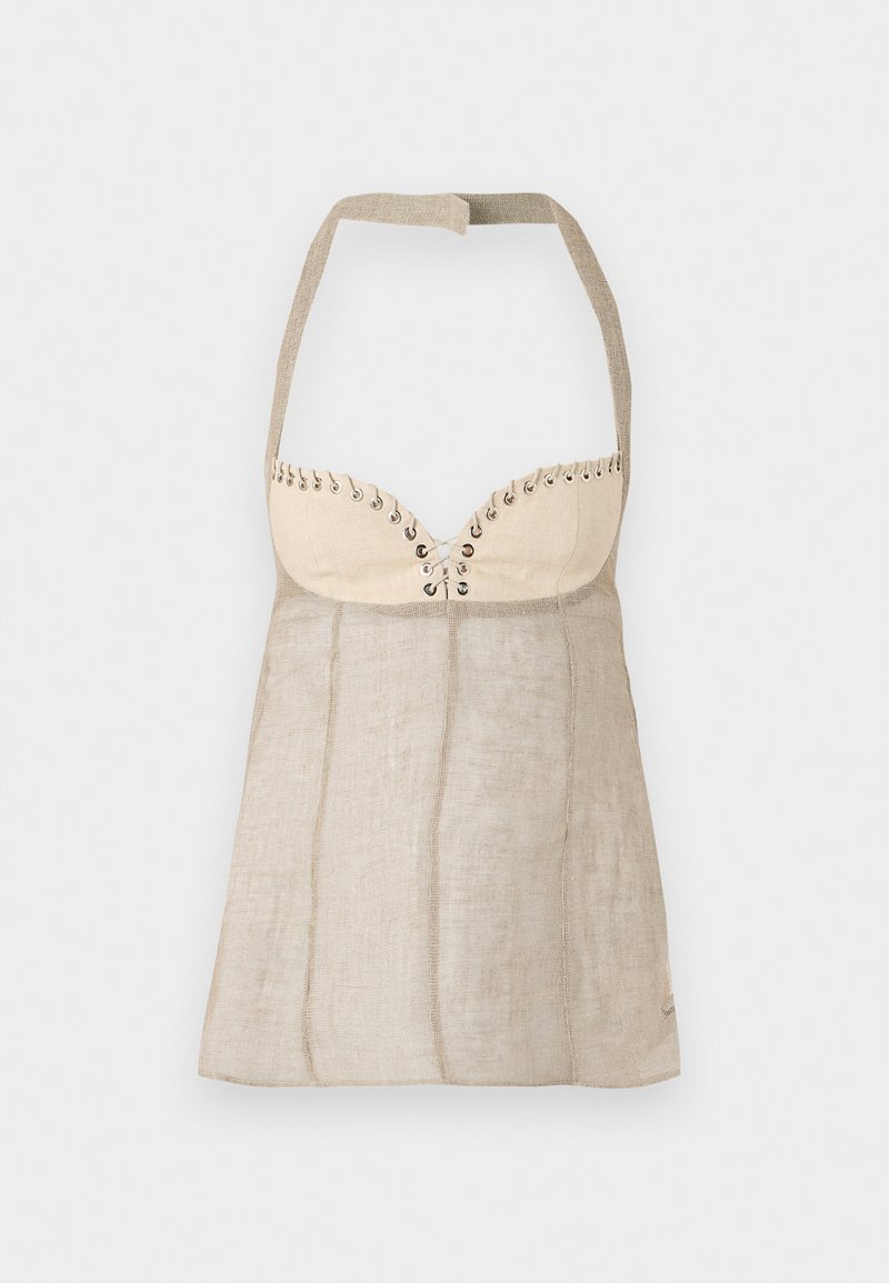 Halter-top in light beige linen with a structured bust, featuring decorative eyelets and a flared, A-line silhouette.