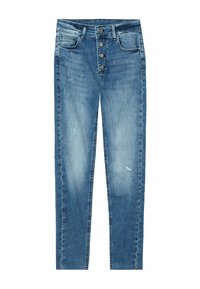 Ljus tvättade denimjeans med hög midja, femknappsstängning, slitna detaljer och rak bendesign.