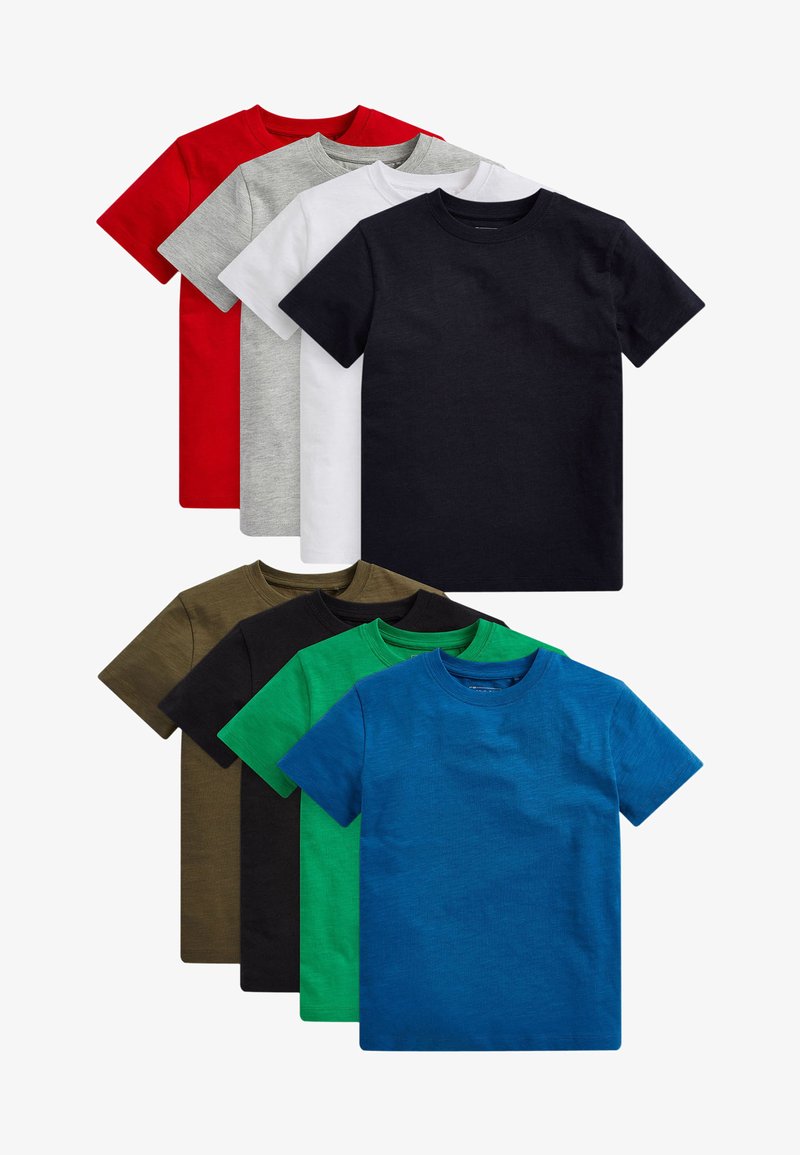 Set sedmih majic z okroglim izrezom. Barve: rdeča, siva, bela, črna, olivno zelena, zelena in modra. Vse majice imajo kratke rokave in so iz mešanice bombaža.