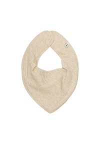 Beige triangulär babyhake med tryckknappar för stängning och en liten märkestagg på ena sidan, tillverkad av mjukt tyg.
