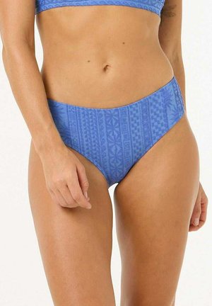 Blue bikini bottom featuring a textured geometric pattern, medium rise, and seamless design for comfort and fit.