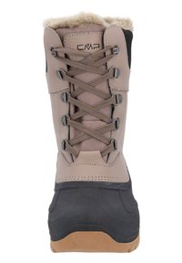 Beige insulated winter boot with faux fur trim, featuring a lace-up design, synthetic upper, and rubber sole with grip accents.