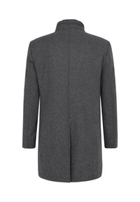 Grauer Mantel aus strukturiertem Stoff, mit hohem Kragen, langen Ärmeln und geradem Schnitt, mit einer mittigen Rückenbelüftung und seitlichen Taschen.