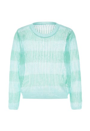 Leichter, mintgrüner Strickpullover mit lockerem, offenem Strickbild, langen Ärmeln, rundem Ausschnitt und horizontalen Streifen in unterschiedlicher Dichte.