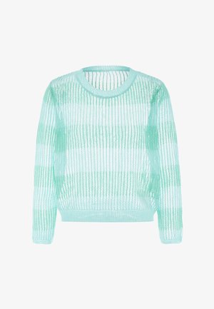 Könnyű, menta zöld kötött pulóver laza, nyitott szövettel, hosszú ujjakkal, kerek nyakkal és különböző átlátszóságú vízszintes csíkokkal.