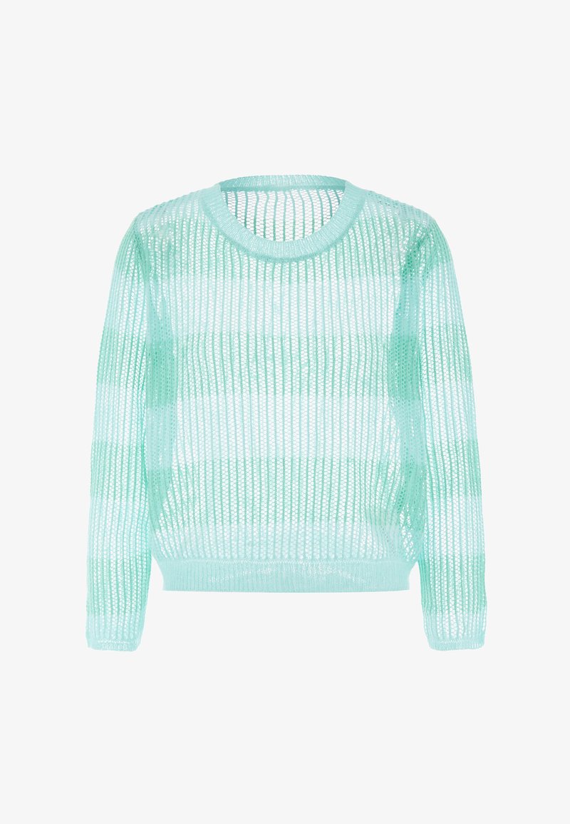 Leichter, mintgrüner Strickpullover mit lockerem, offenem Strickbild, langen Ärmeln, rundem Ausschnitt und horizontalen Streifen in unterschiedlicher Dichte.