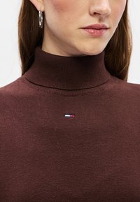 Suéter de color marrón de cuello alto, hecho de tejido de punto, con un pequeño logo que presenta franjas rojas, blancas y azules en el pecho.