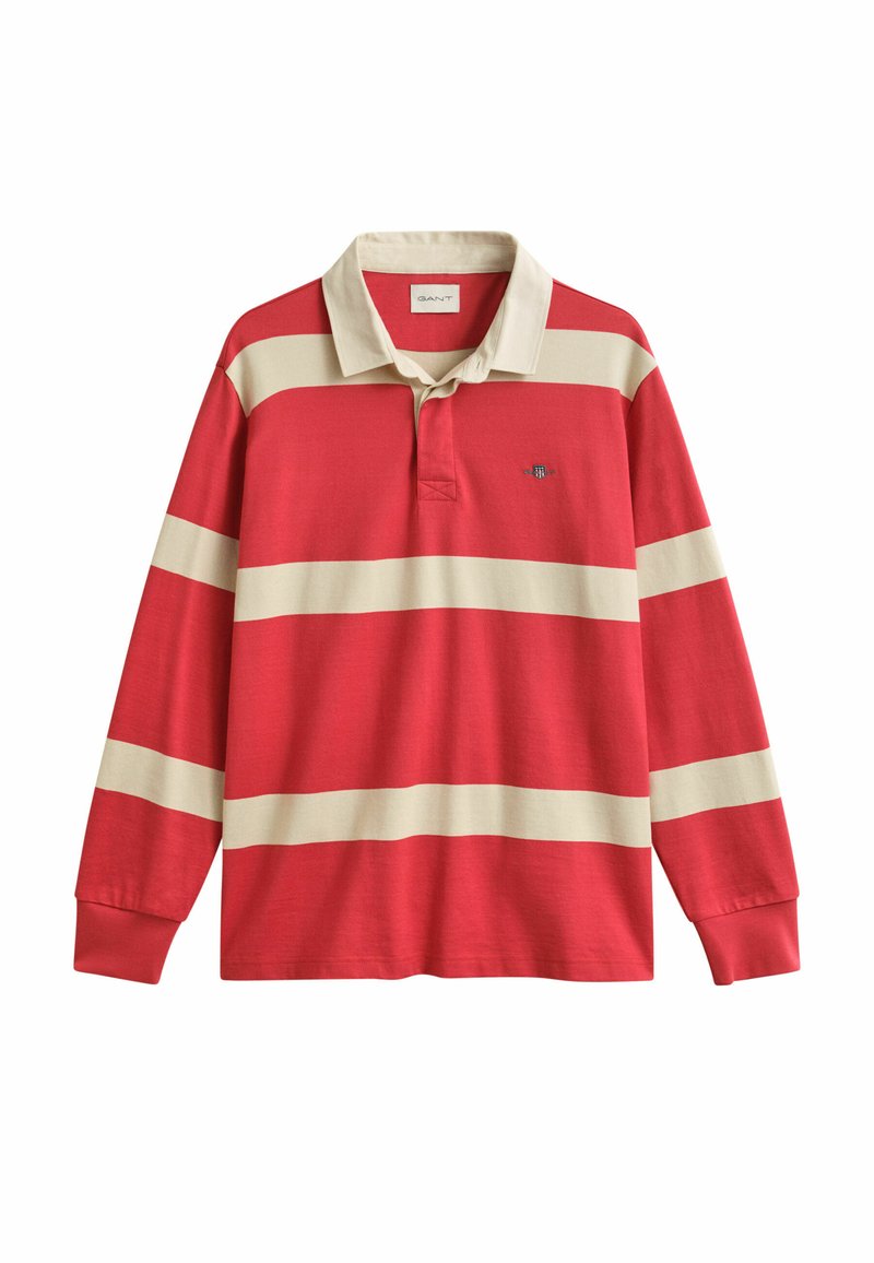 Rotes Langarm-Poloshirt mit beigen horizontalen Streifen und beigem Kragen, mit einem kleinen, auf der Brust gestickten Logo.