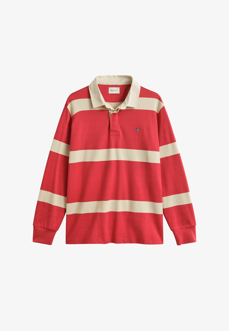 Rotes Langarm-Poloshirt mit beigen horizontalen Streifen und beigem Kragen, mit einem kleinen, auf der Brust gestickten Logo.