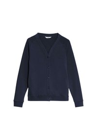 Cardigan blu navy con scollo a V, chiusura con bottoni e maniche lunghe raglan. Realizzato in tessuto morbido con polsini e fondo a costine.