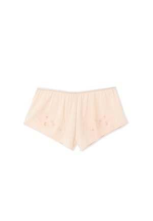 Helle rosa Baumwollshorts mit einem elastischen Bund, verziert mit gestickten Blumenmustern am Saum. Weicher Stoff, mit einer Länge bis zur Mitte des Oberschenkels.
