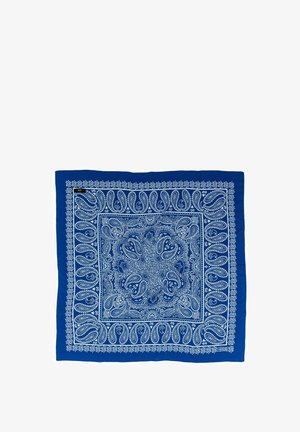 Niebieska chustka w paisley w odcieniach bieli, otoczona misternymi wzorami. Wykonana z lekkiego, miękkiego materiału. Kwadratowy kształt.