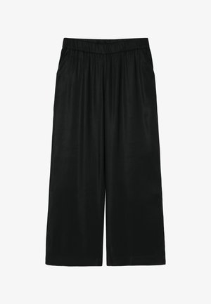 Črne, široke culotte hlače, narejene iz gladkega, lahkega materiala z elastičnim pasom. Imajo široke nogavice in brez žepov.
