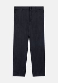 Pantaloni blu scuro con superficie testurizzata, design a gamba dritta e passanti per cintura. Presentano due tasche laterali e una finitura pulita e strutturata.