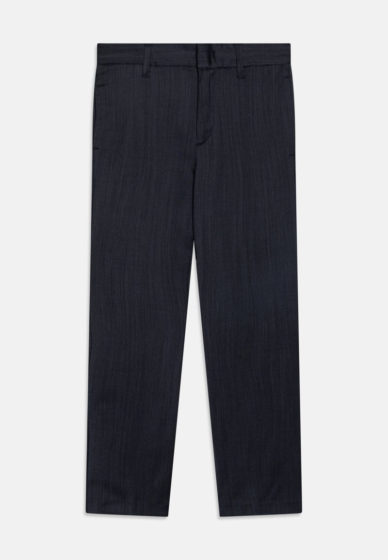 Pantaloni blu scuro con superficie testurizzata, design a gamba dritta e passanti per cintura. Presentano due tasche laterali e una finitura pulita e strutturata.