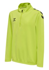 Lichtgroen kwart-rits pullover van gladde stof, met lange mouwen en zwarte chevron-accenten op de schouders. Zwart logo op de voorkant.