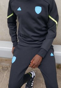 Tuta sportiva grigio scuro con dettagli azzurri e logo dell'Arsenal, caratterizzata da strisce verdi sulle maniche e polsini a costine sui pantaloni.