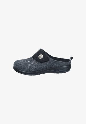 Gray felt slipper with a black fabric patch and metal logo, featuring a slip-on design, rounded shape, and embroidered floral pattern.