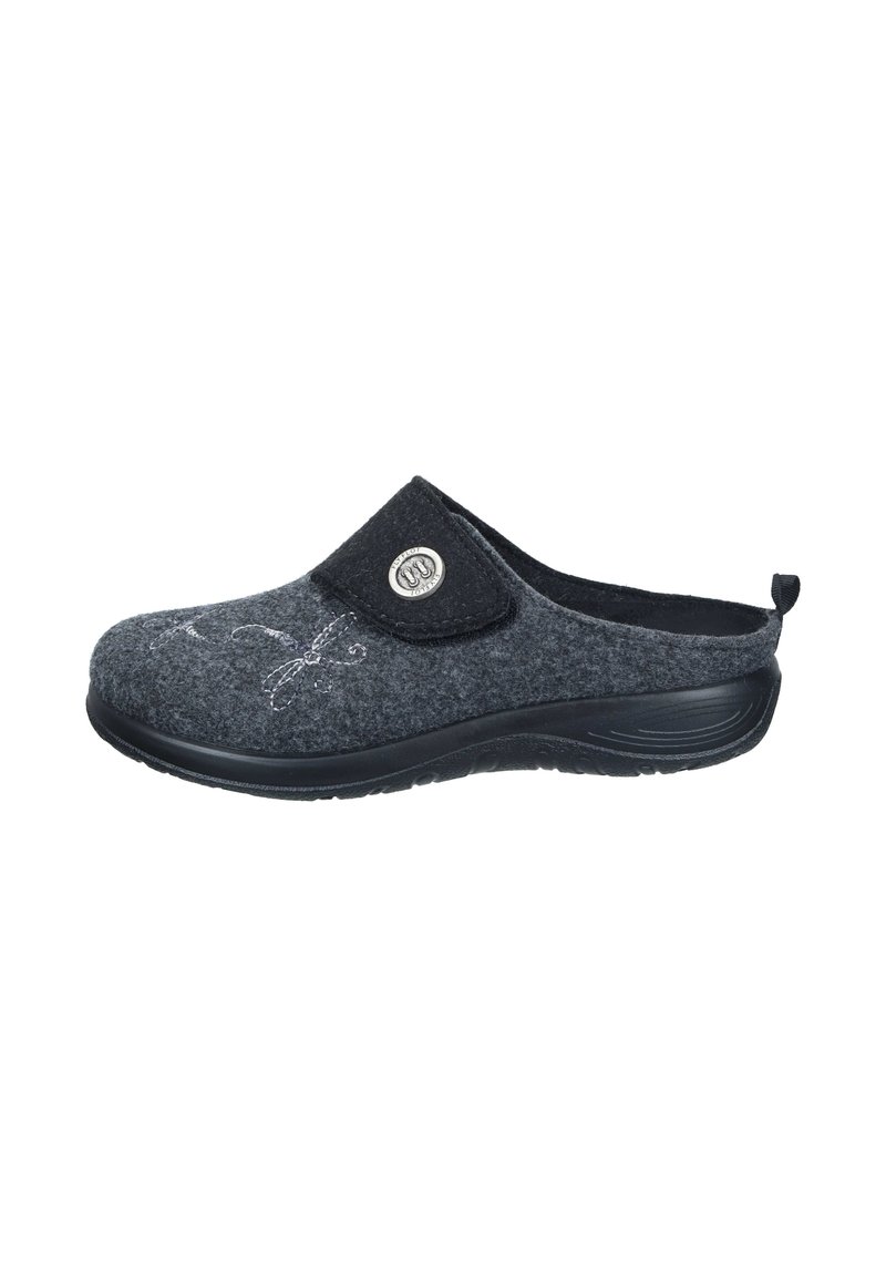 Gray felt slipper with a black fabric patch and metal logo, featuring a slip-on design, rounded shape, and embroidered floral pattern.