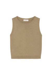 Beige knitted sleeveless sweater vest with round neckline and ribbed hem, labeled Marc O’Polo.