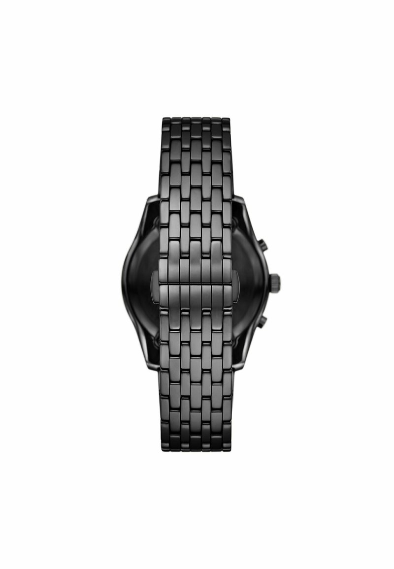 Orologio da polso in metallo nero con bracciale a catena, superficie texturizzata, cassa rotonda e pulsanti laterali per la regolazione delle funzioni.