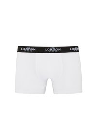 White boxer shorts with a black elastic waistband featuring the text "LONDON" in white. Smooth texture and fitted design.