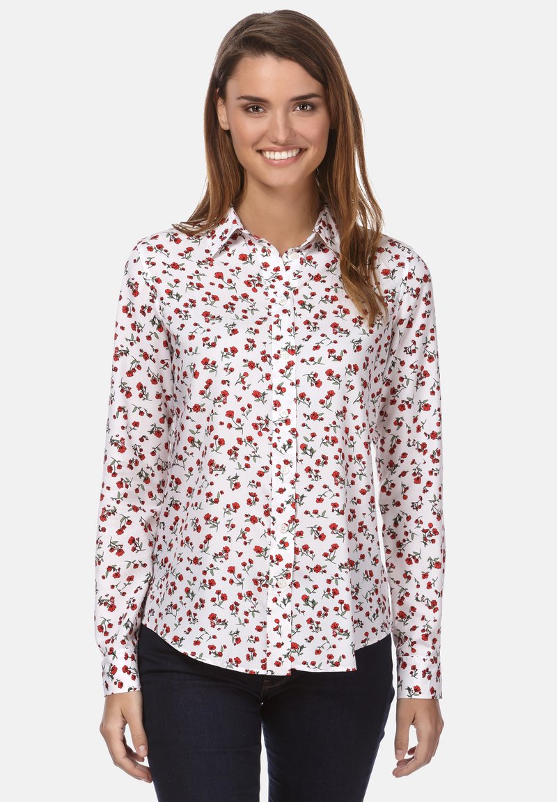 Witte overhemd met knopen en een rood bloemenpatroon, lange mouwen en een gebogen zoom. Gemaakt van lichtgewicht stof met een zachte textuur.