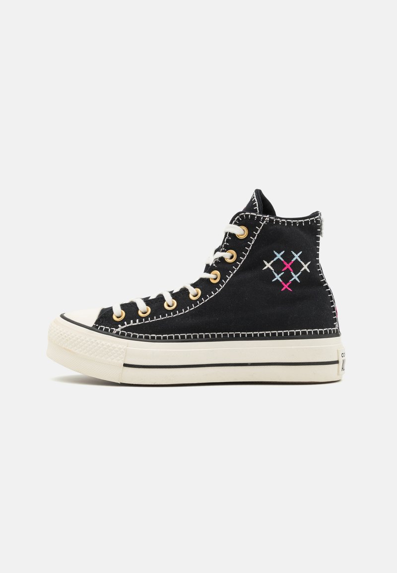 Zapatillas altas de ante negro con costuras blancas. Presentan ojales dorados, cordones blancos y acentos en patrón x coloridos. Suela de goma.