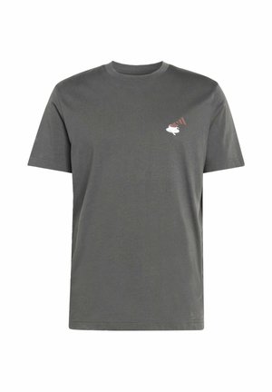 Šedé bavlněné tričko s krátkým rukávem, kulatým výstřihem a malou grafikou gramofonu a kočky na levé straně hrudi.