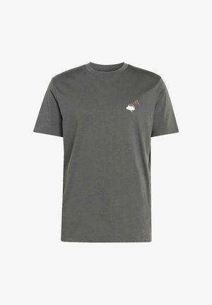 Šedé bavlněné tričko s krátkým rukávem, kulatým výstřihem a malou grafikou gramofonu a kočky na levé straně hrudi.