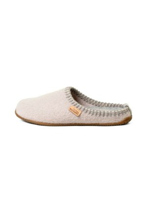 Hellbeiger Slip-On-Hausschuh mit grauer Naht um die Öffnung und brauner Gummisohle, mit kleinem Stoff-Brandetikett an der Seite.
