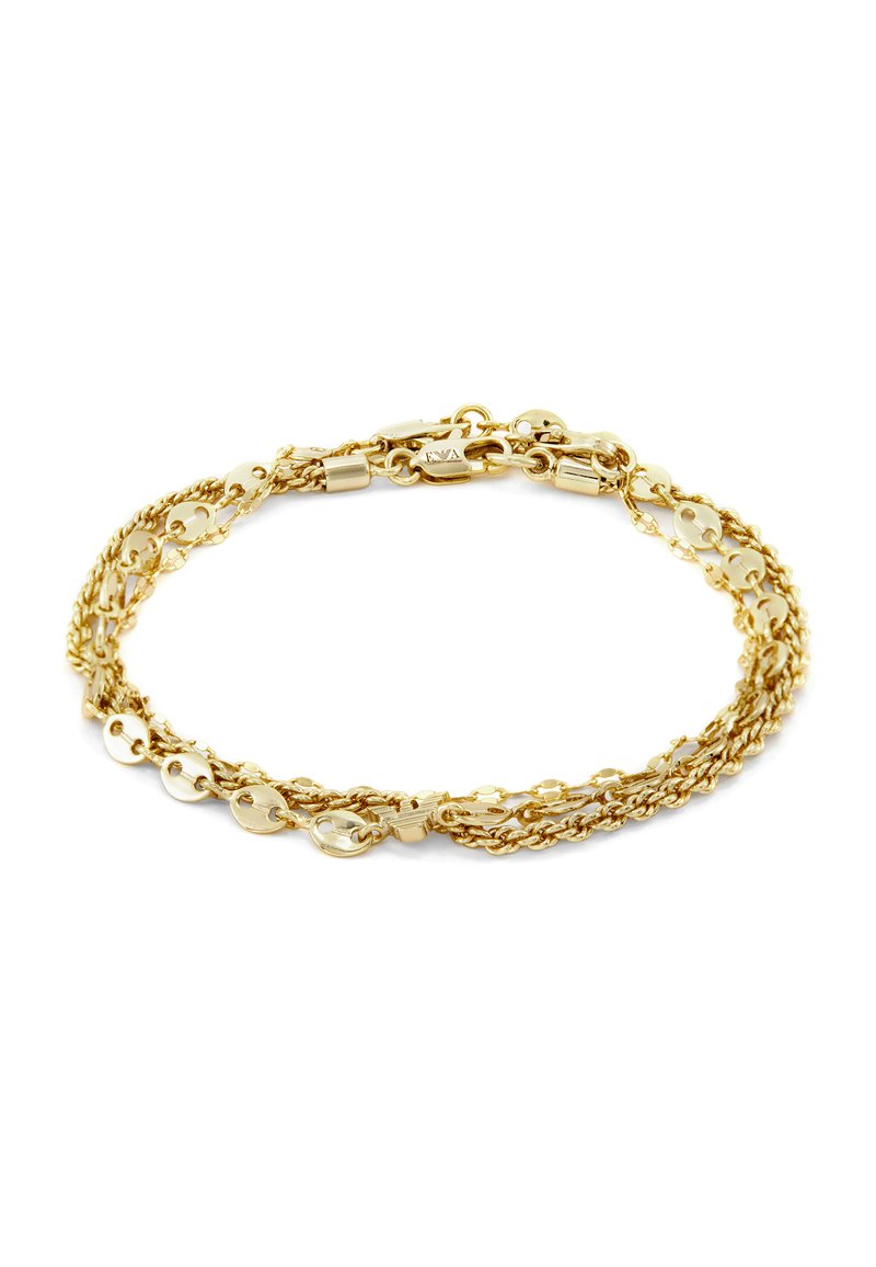Armbanduhr in Goldtönen mit geflochtenen Ketten und flachen ovalen Gliedern, gesichert mit einem Verschluss. Das Design zeigt eine geschichtete Textur.