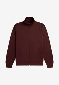Giacca zip-up bordeaux con colletto alto, due tasche frontali e polsini a coste. Presenta un piccolo logo ricamato sul petto.