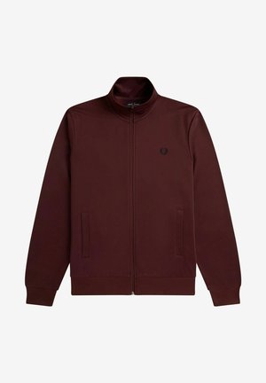 Giacca zip-up bordeaux con colletto alto, due tasche frontali e polsini a coste. Presenta un piccolo logo ricamato sul petto.