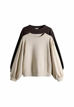 Zwei Sweatshirts ausgestellt: eines beige mit Puffärmeln und runder Halslinie, und eines dunkelbraun, das dahinter liegt. Beide haben gerippte Säume.