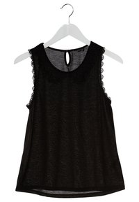 Černý bezrukávový top s kulatým výstřihem, průhlednou strukturou a krajkovým lemováním na ramenou. Má otvor ve tvaru klíčové dírky na zadní straně.
